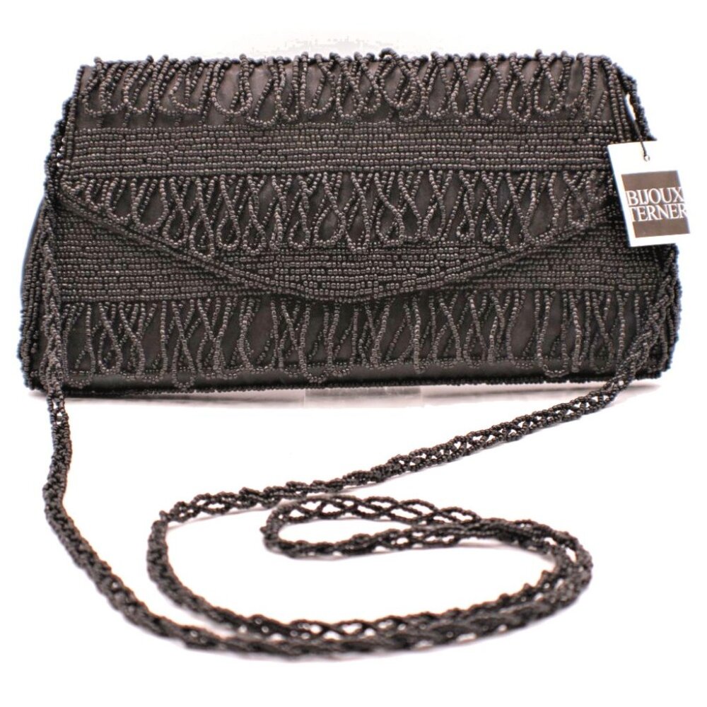 Bijoux Terner Black Beaded Clutch Purse Evening Bag Crossbody Strap Boutique NWT